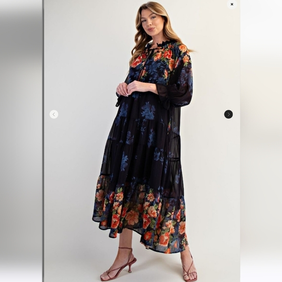 New Easel Black Floral Print Long Sleeve Maxi Dress - Picture 2 of 6